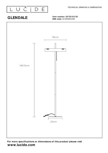 Lucide GLENDALE - Vloerlamp - 2xE27 - Zwart - technisch